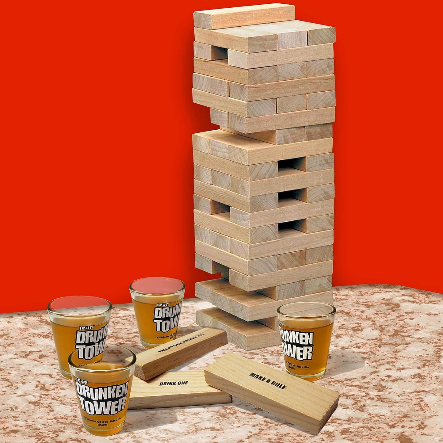 Drunken Tower ®: - Juego de Torre Ebrio. Incluye 60 bloques de madera y 4 vasos de vidrio