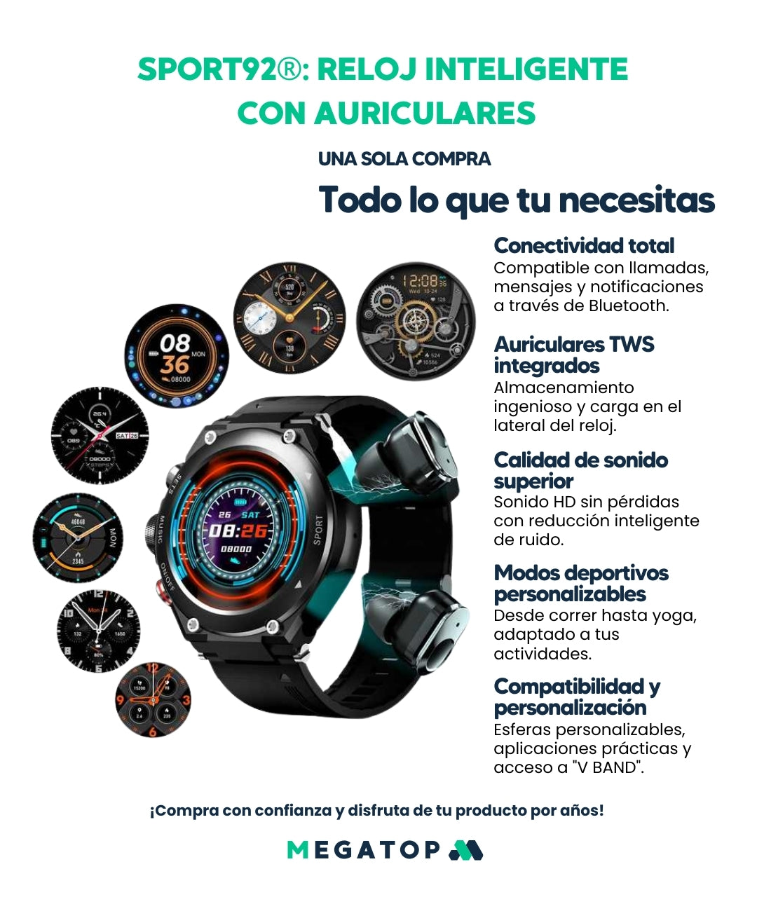 Sport92: Reloj Inteligente con Auriculares