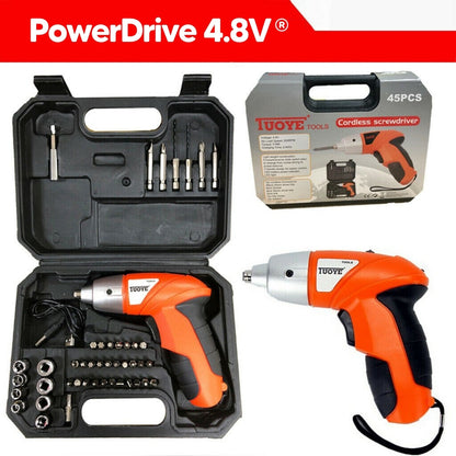 PowerDrive 4.8V® : Destornillador Eléctrico Inalámbrico con 45 Accesorios y Carga USB