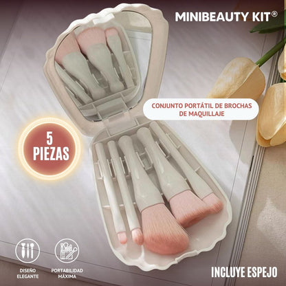 MiniBeauty Kit®: Conjunto Portátil de Brochas de Maquillaje con Espejo - 5 Piezas