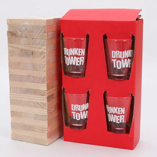 Drunken Tower ®: - Juego de Torre Ebrio. Incluye 60 bloques de madera y 4 vasos de vidrio