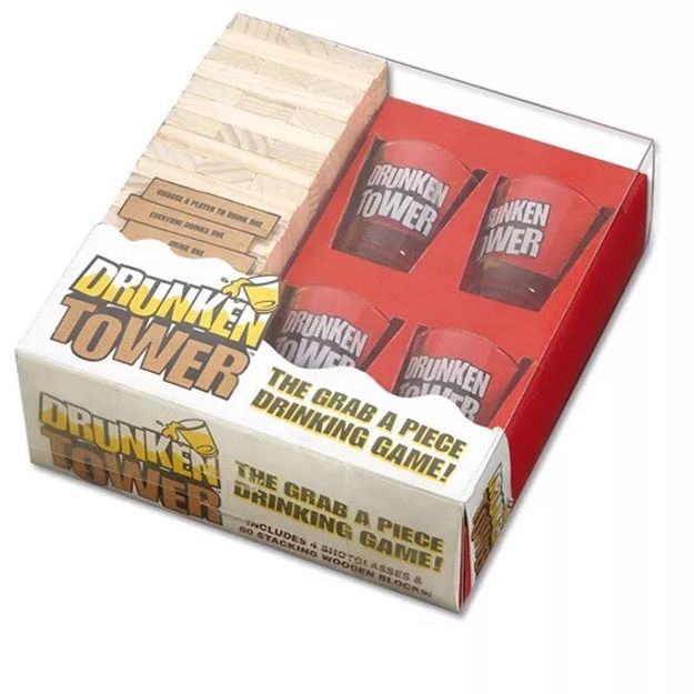 Drunken Tower ®: - Juego de Torre Ebrio. Incluye 60 bloques de madera y 4 vasos de vidrio